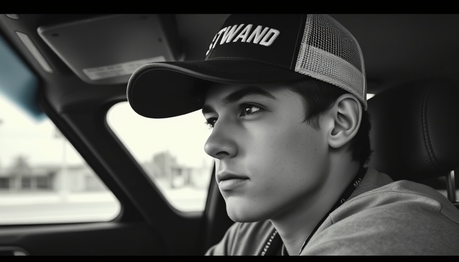 Man in cap looking thoughtful in vintage-style vehicle photo.