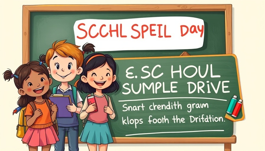 Diverse children holding school supplies in cartoon illustration for school drive.
