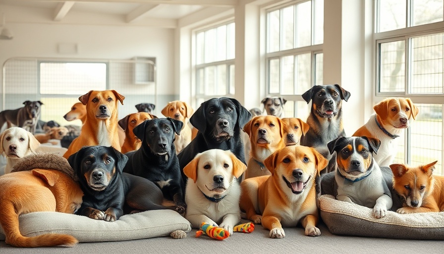 Diverse group of dogs in a bright shelter at Houston Humane Society.
