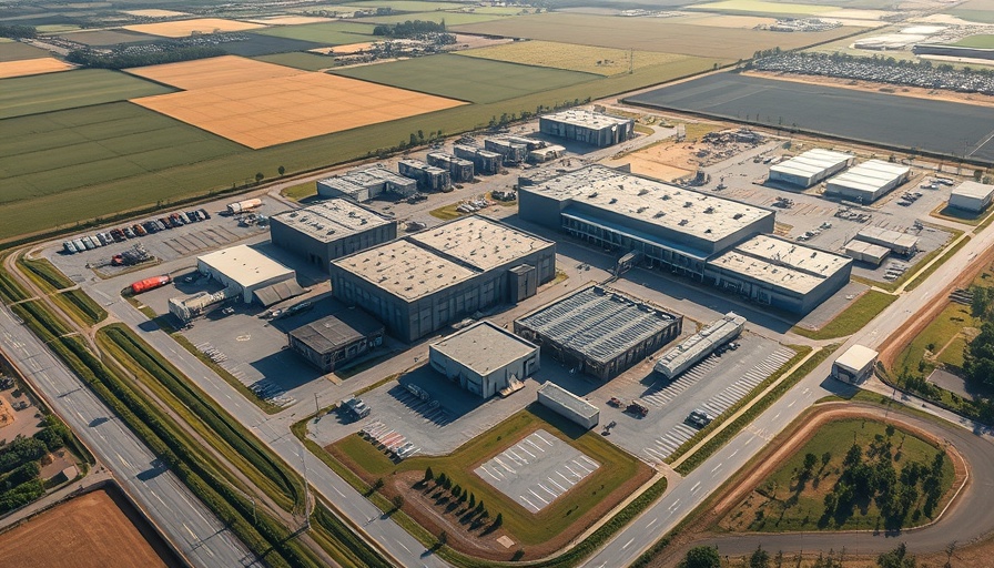 Aerial view of an expansive industrial complex surrounded by greenery.
