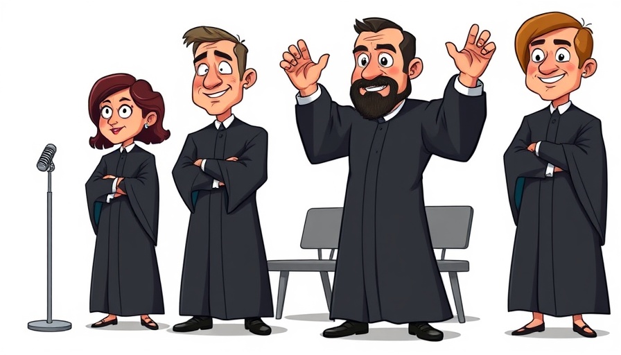 Cartoon of judges in black robes with exaggerated features, Supreme Court new group photo.
