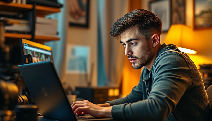 Young man editing video on laptop for AI video creation.