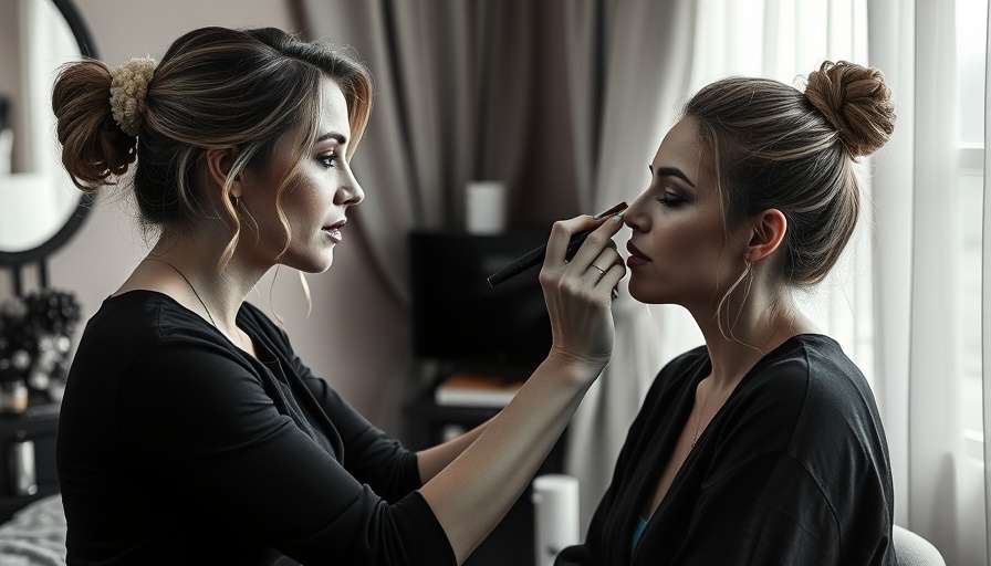 Makeup artist Maddie G applying makeup, soft lighting, monochrome.