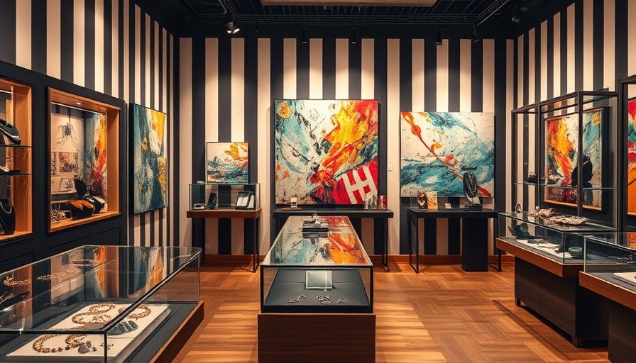 Vibrant gallery display featuring artists' jewelry and abstract art.