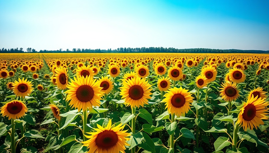 Sunflower fields near Charlotte in bright sunlight with blue sky.