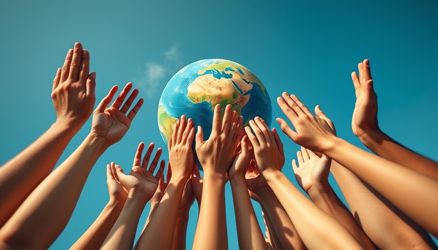 Diverse hands reaching for globe at World Peace Products and Services Expo.