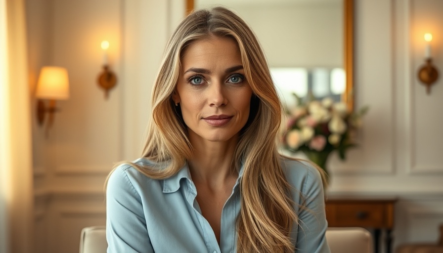 Calm woman in a blue shirt seated at a table, soft lighting.