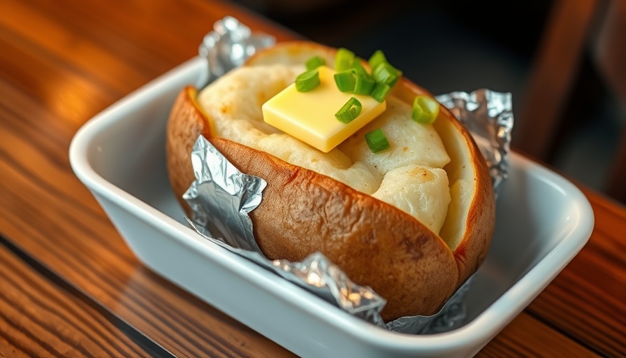 Perfectly baked potato with topping in white dish.