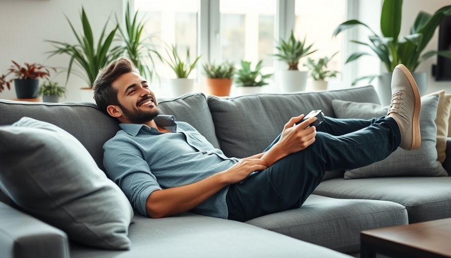 Casual man on sofa holding controller, natural light in modern room.