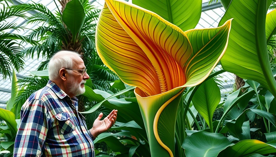 Titan Arum Bloom in North Carolina with man observing in greenhouse.