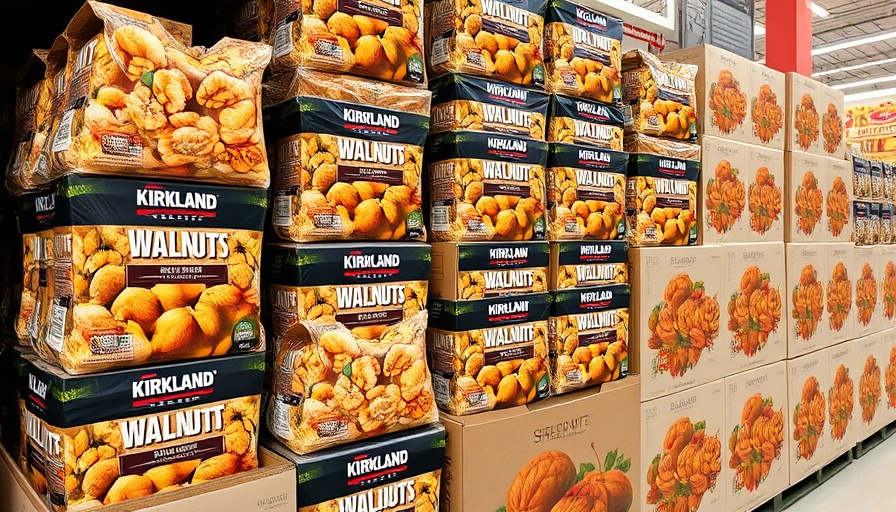 Costco Kirkland shelled walnuts stacked in packaging on shelf.