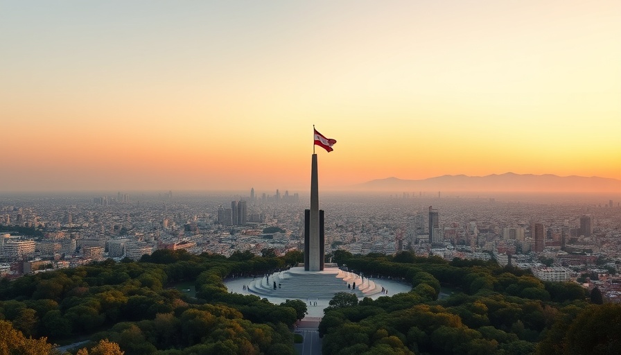 Panoramic city view at sunset with monument and flag.