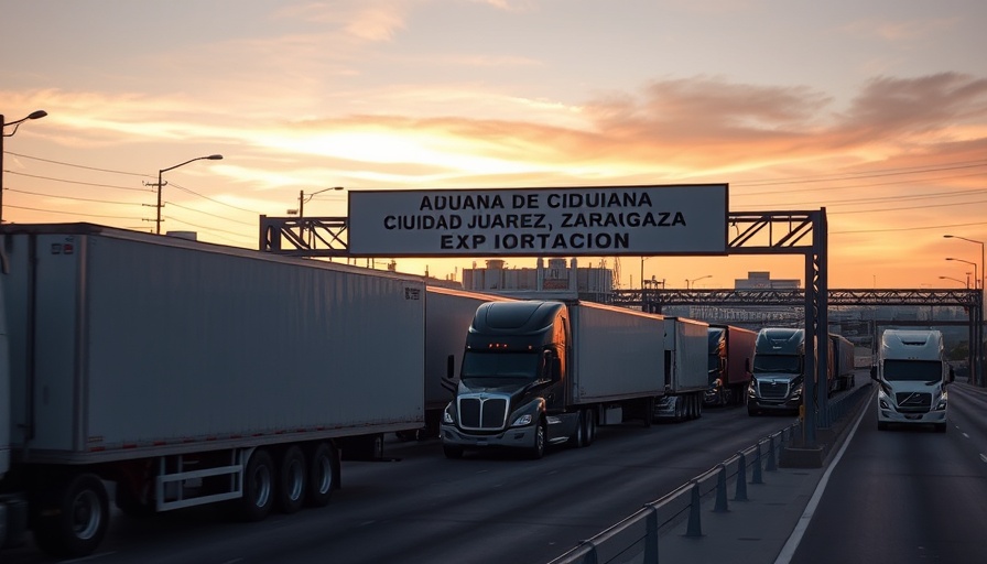Trucks at Ciudad Juárez border, linked to increased Mexico tariffs.