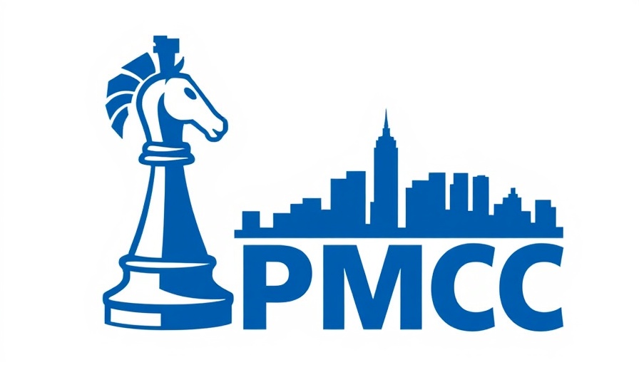 Stylized PMCC logo with chess piece and blue Charlotte skyline.