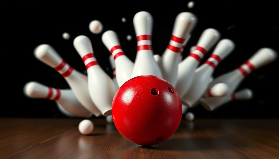 Exciting bowling action with red ball and pins scattering