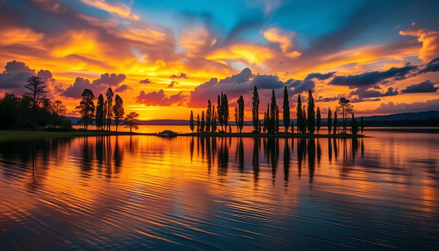 Vibrant sunset at Lake Martin, Louisiana with cypress reflections.