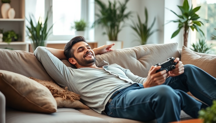Man using video games for coping skills for better mental health, relaxing on sofa.