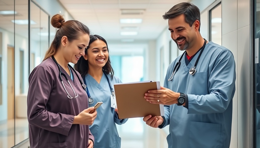 Healthcare professionals collaborating in hospital corridor