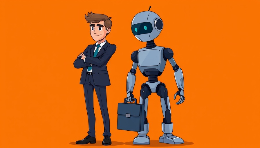 Stylized businessperson and robot, AI integration concept.