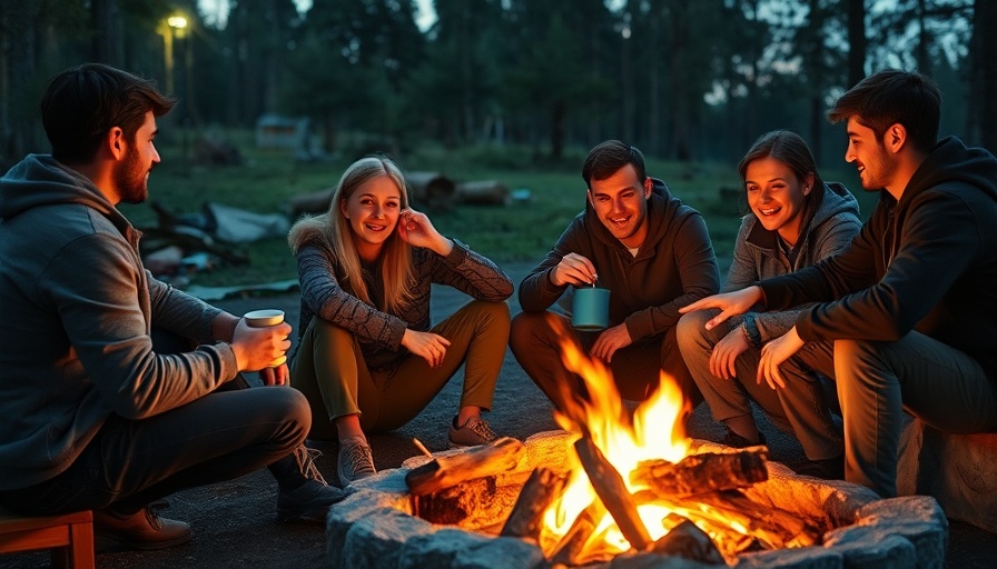 Group camping with brown bag cooking near campfire, evening.