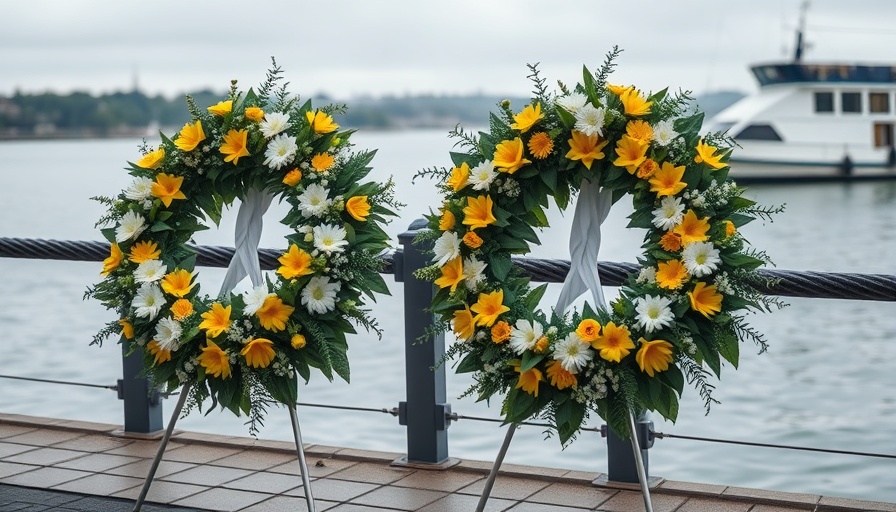 New Orleans wreath-laying ceremony with floral wreaths by the waterfront.