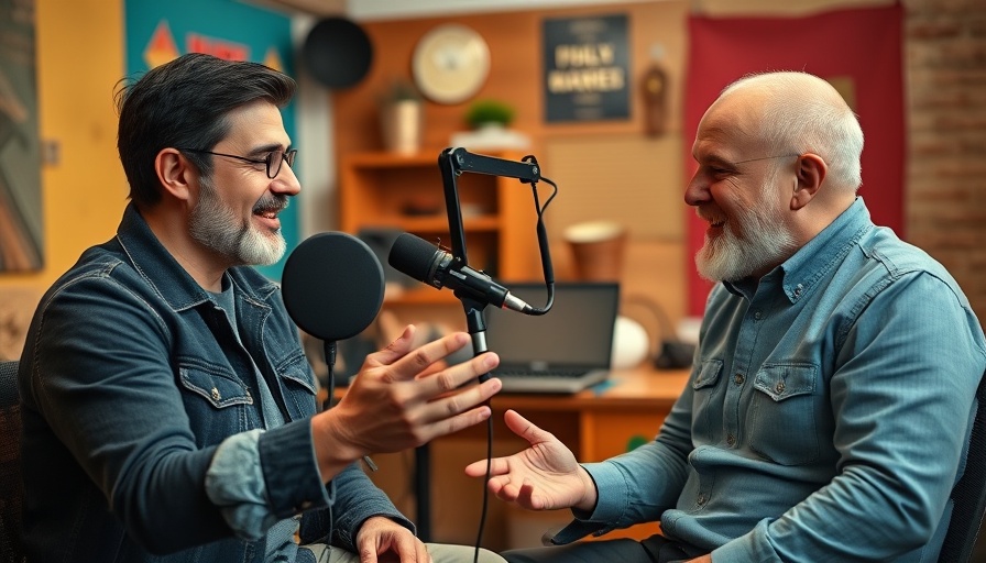AI creativity in a colorful podcast discussion, men engaging in conversation.
