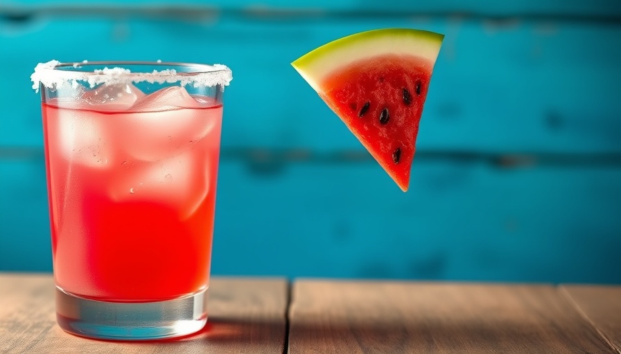 Colorful watermelon cocktail against blue background for Kids Eat Free Wednesdays Felipe’s.