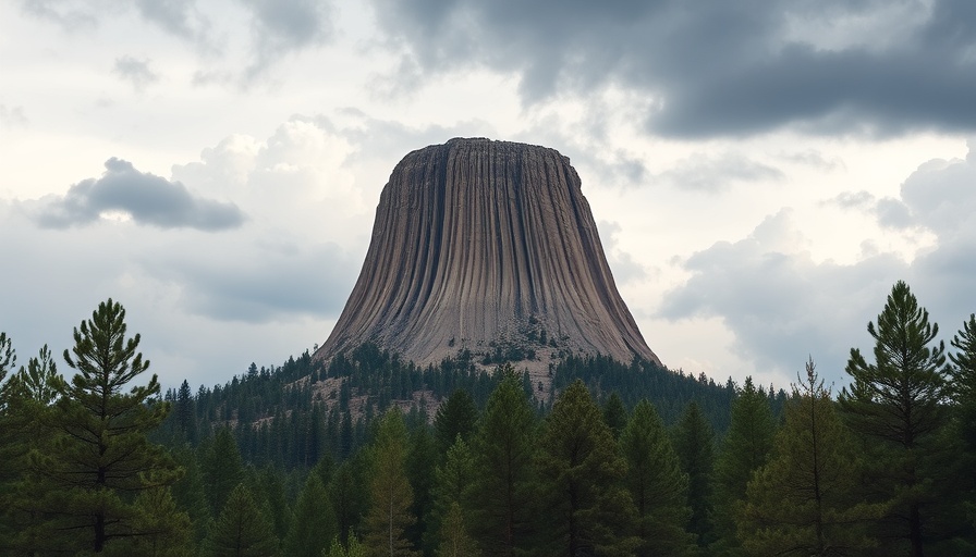 Devil's Tower against cloudy sky with pine forest below in Wyoming.
