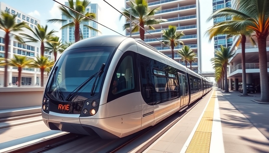 Modern Metromover in Miami with urban background and palm trees.