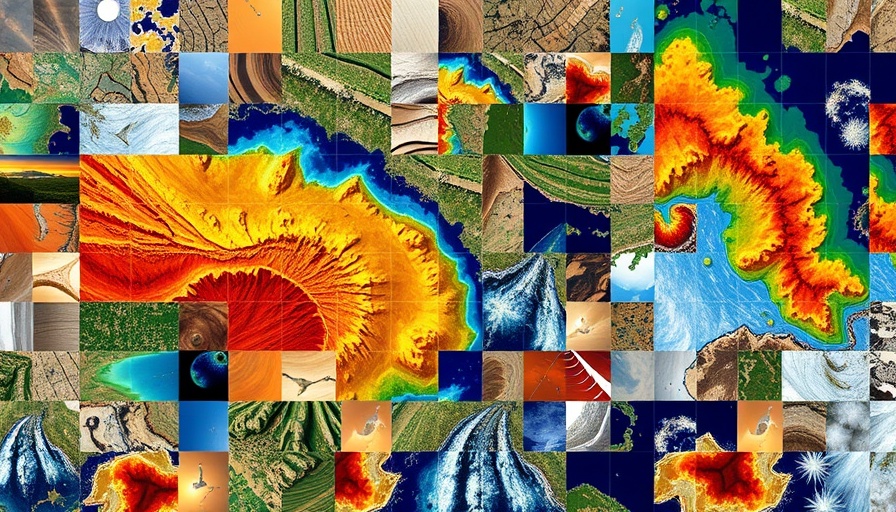 Vibrant mosaic of satellite images showcasing AI advancements in environmental mapping.