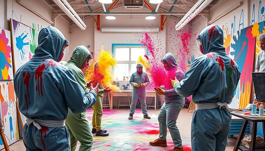 Energetic art experience with colorful paint splattering in a vibrant studio.