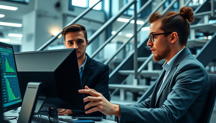 Professionals in office analyzing data on computers for inventory management and healthcare cybersecurity.