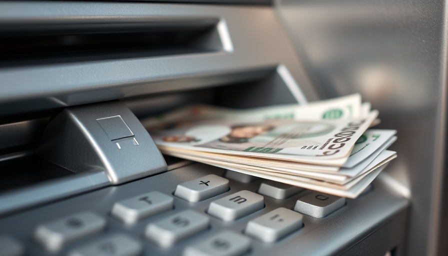 ATM cash dispenser with banknotes emerging, close-up view.