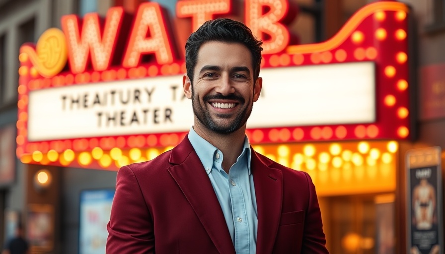 Confident man at Atlanta indie film theater with neon marquee.