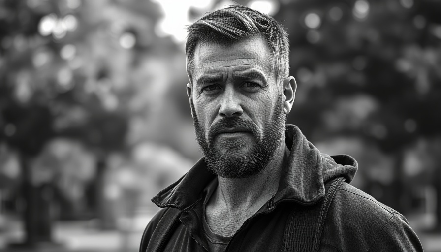 Strong and rugged man outdoors in monochrome portrait.