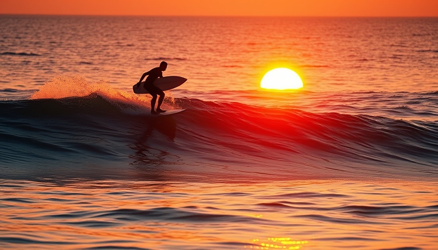 Surfer at Northern Outer Banks in Fall with sunset backdrop.