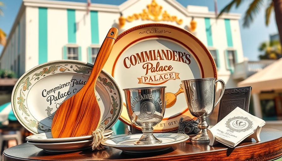 Commander's Palace gifts collage featuring spatula, plates, goblet, napkins.