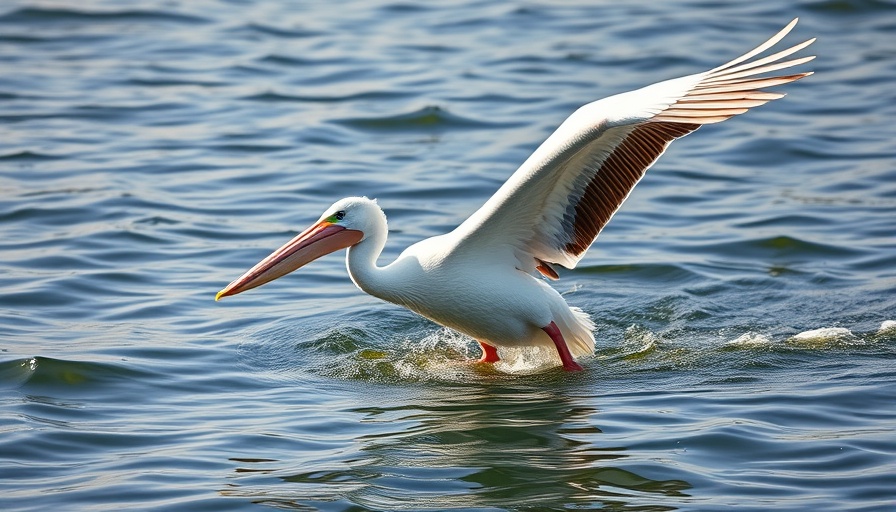 White pelican gliding over water, dynamic and serene.