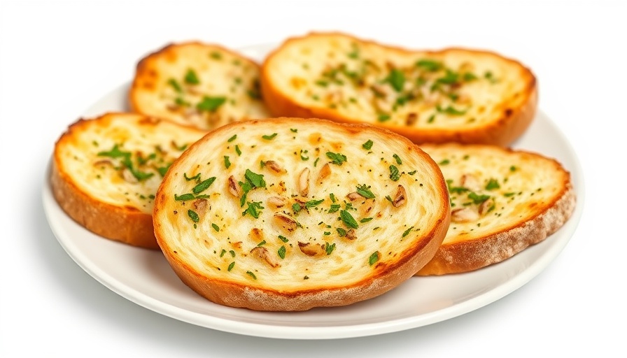 Crispy garlic bread slices with herbs on a white plate.
