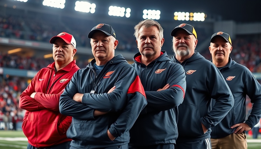 NFL coaching rankings: Confident coaches in team attire at stadium.