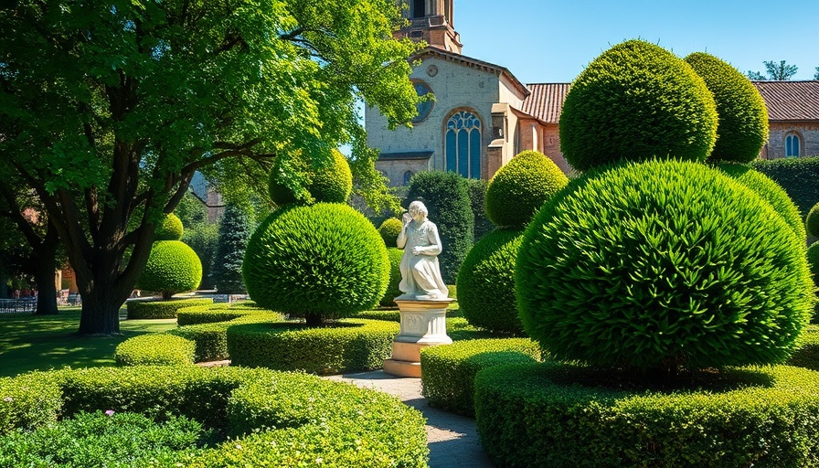 Hidden topiary garden Charlotte with trimmed shrubs and church.