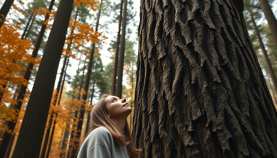 Young woman admiring tree in Joyce Kilmer Memorial Forest Charlotte