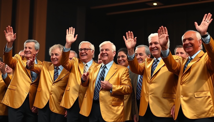 Hall of Fame inductees on stage wearing gold jackets.