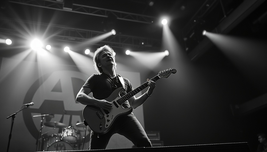 Musician performing guitar on stage in black and white.