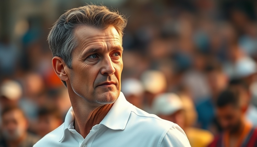 Focused middle-aged man at outdoor event, blurred background.