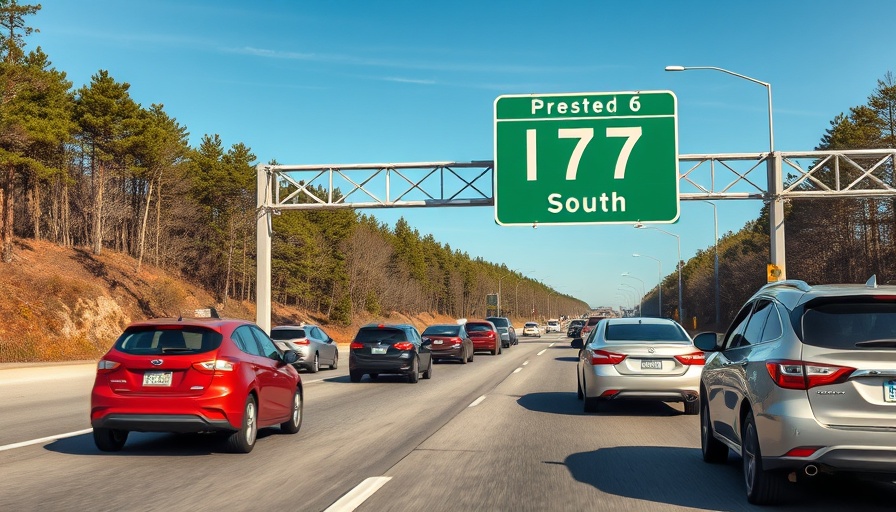 Traffic on I-77 with road sign, trees, and clear sky