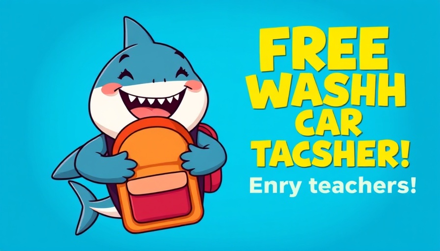 Free car washes for teachers in Charlotte with smiling cartoon shark.