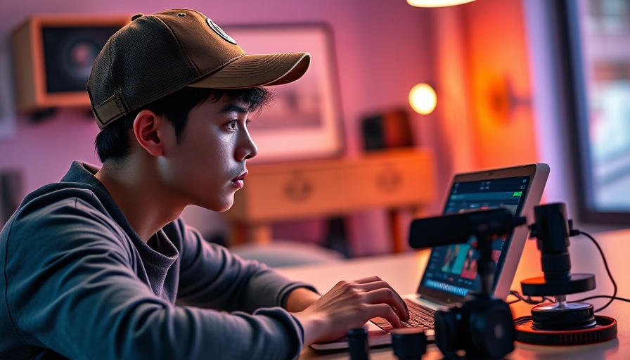 Young person editing videos, related to AI Vine Revival, vibrant setting.