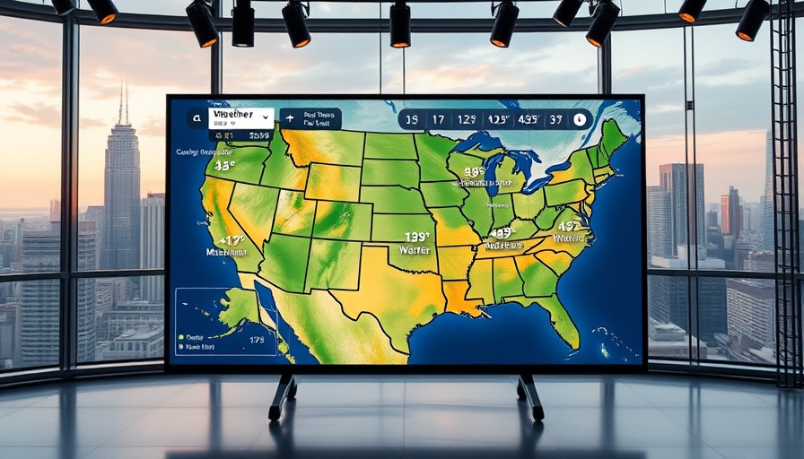Weather forecast map digital display in studio setting.