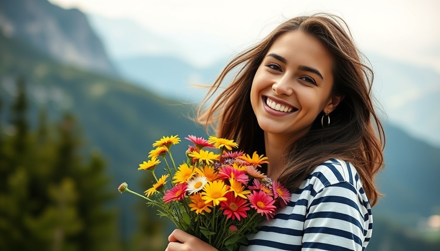 Cheerful woman with wildflowers in nature.